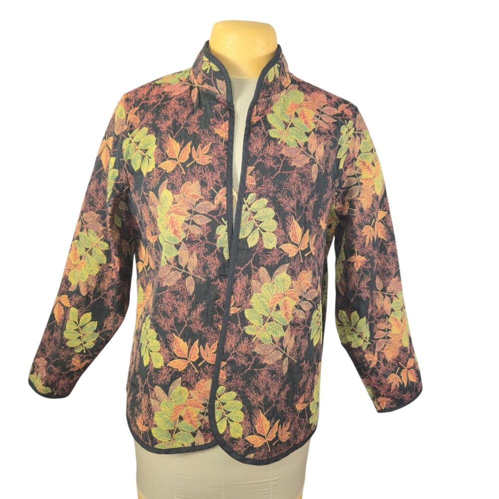Serengeti Womens 1X Tapestry Jacket Open Front Mandarin Collar Autumn Leaf Print